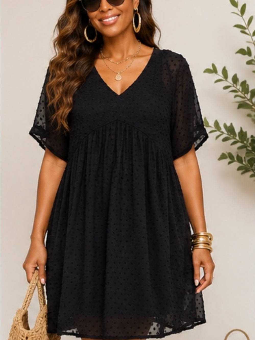 Zenana DRESS  Black Swiss Dot V-Neck Babydoll Tunic